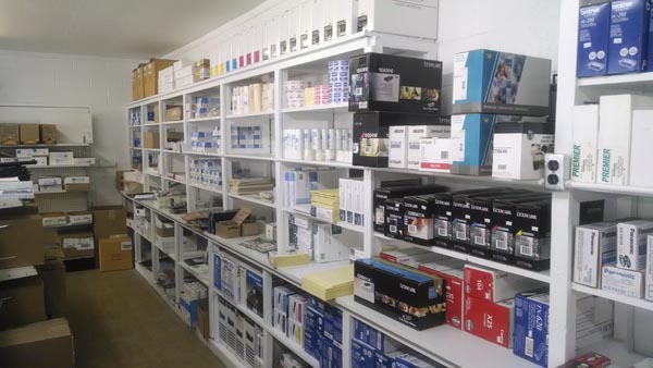 Wide view of LaserJet cartridge shelves